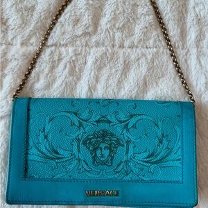 Versace Blue Embossed Clutch with Gold Chain